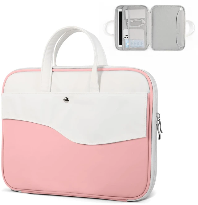 Main image of DTTO 15.6" Laptop Sleeve, TSA Friendly PU Leather Case, Pink White | Waterproof Laptop Computers Bag with Handle for 16" MacBook Pro,15"-16" HP Dell Asus, Shockproof Protection for Travel