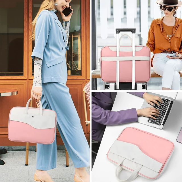 Alt view image 2 of 7 - DTTO 15.6" Laptop Sleeve, TSA Friendly PU Leather Case, Pink White | Waterproof Laptop Computers Bag with Handle for 16" MacBook Pro,15"-16" HP Dell Asus, Shockproof Protection for Travel