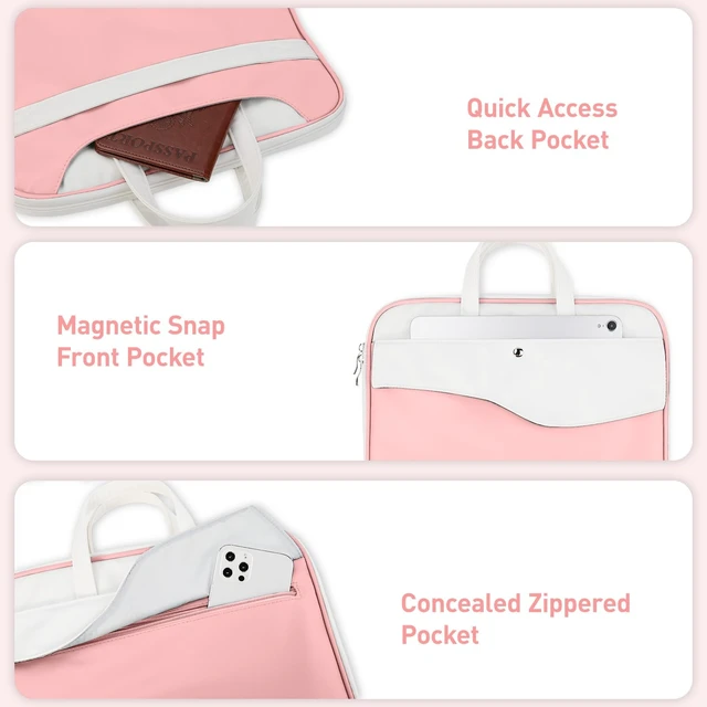 Alt view image 6 of 7 - DTTO 15.6" Laptop Sleeve, TSA Friendly PU Leather Case, Pink White | Waterproof Laptop Computers Bag with Handle for 16" MacBook Pro,15"-16" HP Dell Asus, Shockproof Protection for Travel