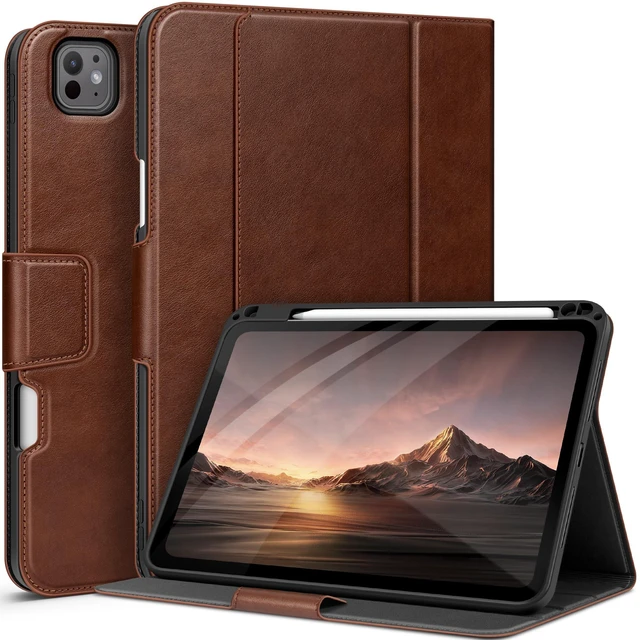 Main image of auaua Case for iPad Pro 11 Inch (M5/M4), Brown | PU Leather, Front Pocket, Built-in Pencil Holder, Typing Angle, Adjustable Stand, Magnetic Closure, Auto Sleep/Wake