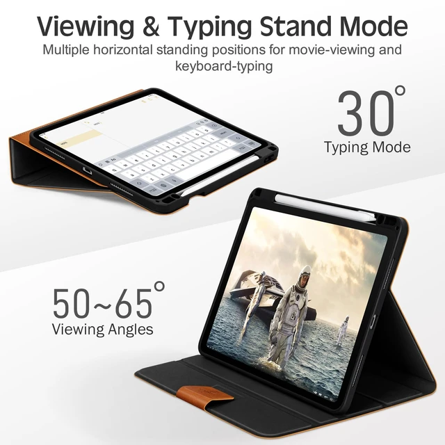 Alt view image 4 of 7 - KingBlanc Book-Style Case for iPad Pro 13-inch (M5 2025/M4 2024) | Vintage Vegan Leather Cover with Pencil Holder, Magnetic Closure, Multi-Angle Viewing/Typing Stand, Auto Sleep/Wake, Brown