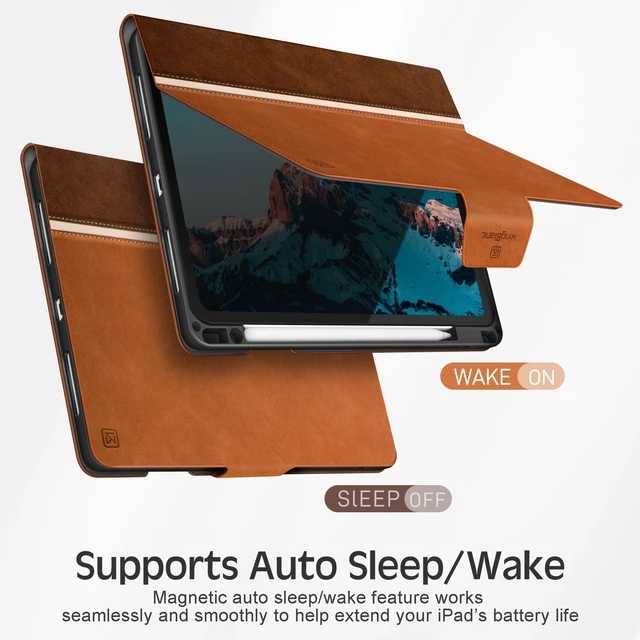 Alt view image 5 of 7 - KingBlanc Book-Style Case for iPad Pro 13-inch (M5 2025/M4 2024) | Vintage Vegan Leather Cover with Pencil Holder, Magnetic Closure, Multi-Angle Viewing/Typing Stand, Auto Sleep/Wake, Brown
