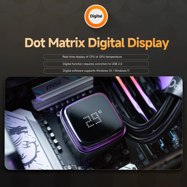 Alt view image 5 of 7 - Ocypus Iota L36 BK 360mm AIO Liquid CPU Cooler with Digital Temp Display | Floating Visual ARGB Pump,FDB Silent Fans,All-Metal Bracket,300W TDP Water Cooling System for Intel LGA 1851/1700&AMD AM5/AM4