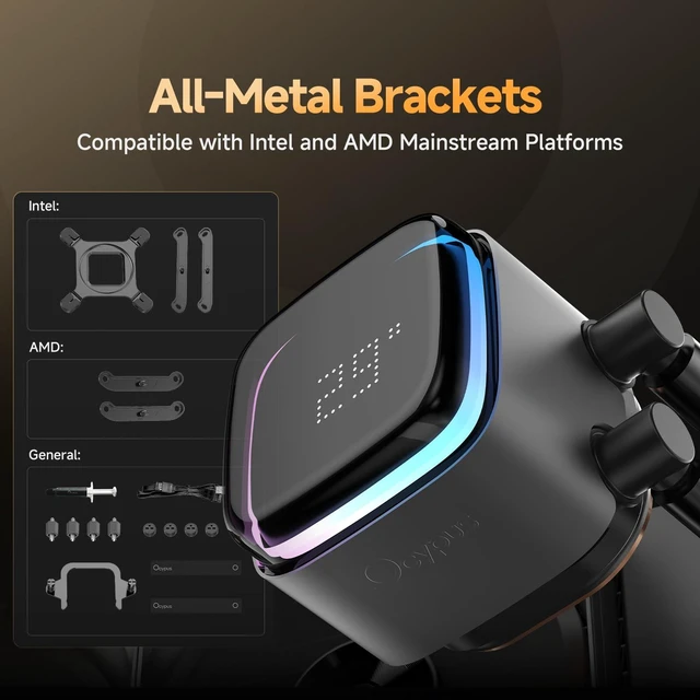 Alt view image 7 of 7 - Ocypus Iota L36 BK 360mm AIO Liquid CPU Cooler with Digital Temp Display | Floating Visual ARGB Pump,FDB Silent Fans,All-Metal Bracket,300W TDP Water Cooling System for Intel LGA 1851/1700&AMD AM5/AM4