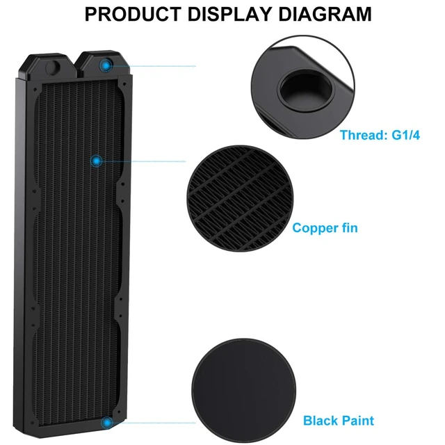 Alt view image 3 of 6 - DIYhz Water Cooling Computer Radiator, 12 Pipe Thick Copper Heat Exchanger Liquid Cooling Radiator G1/4 Thread Heat Row Sink 360mm for CPU PC Laser Water Cool System DC12V Black