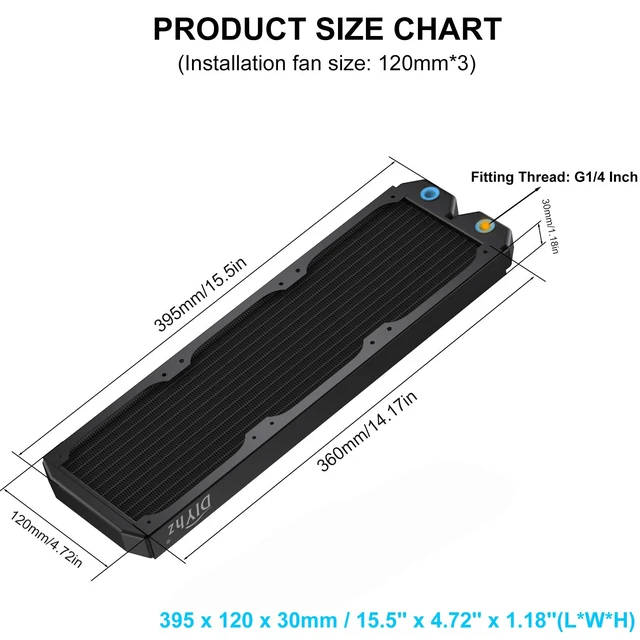 Alt view image 2 of 6 - DIYhz Water Cooling Computer Radiator, 12 Pipe Thick Copper Heat Exchanger Liquid Cooling Radiator G1/4 Thread Heat Row Sink 360mm for CPU PC Laser Water Cool System DC12V Black