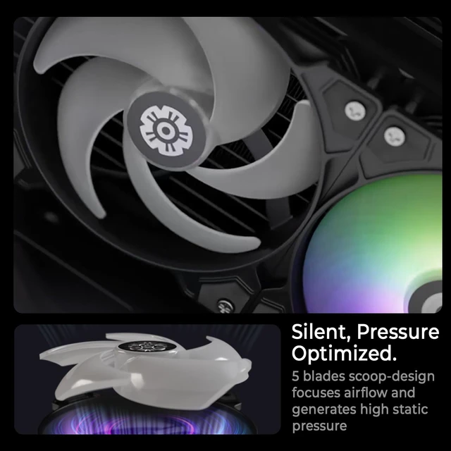 Alt view image 4 of 6 - ENERMAX LIQMAXFLO 240mm A-RGB AIO CPU Liquid Cooler - High Performance Pump up to 3000RPM, 38mm Thick Radiator, 60mm VRM Fan, Pressure-Optimized Silent 120mm FDB PWM Fan, Intel LGA1700/AMD AM5 Ready