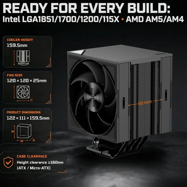 Alt view image 5 of 7 - PCCOOLER RZ700D CPU Cooler,2400 RPM 7 Heat Pipes, TDP 270W, Easy to Install | Full RAM Clearance, Intel LGA1851/1700/1200/115X & AMD AM5/AM4, High-Density Fin Stack, DBB, Low Noise EX95 Paste Included