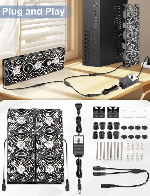 Alt view image 4 of 6 - Wathai 120mm x 6 Small Box Computer Fan with AC 110V 240V Speed Controller | Dual Ball with Variable Speed Controller for Server Rack, Greenhouse, Basement, Window Exhaust Cooling Ventilation