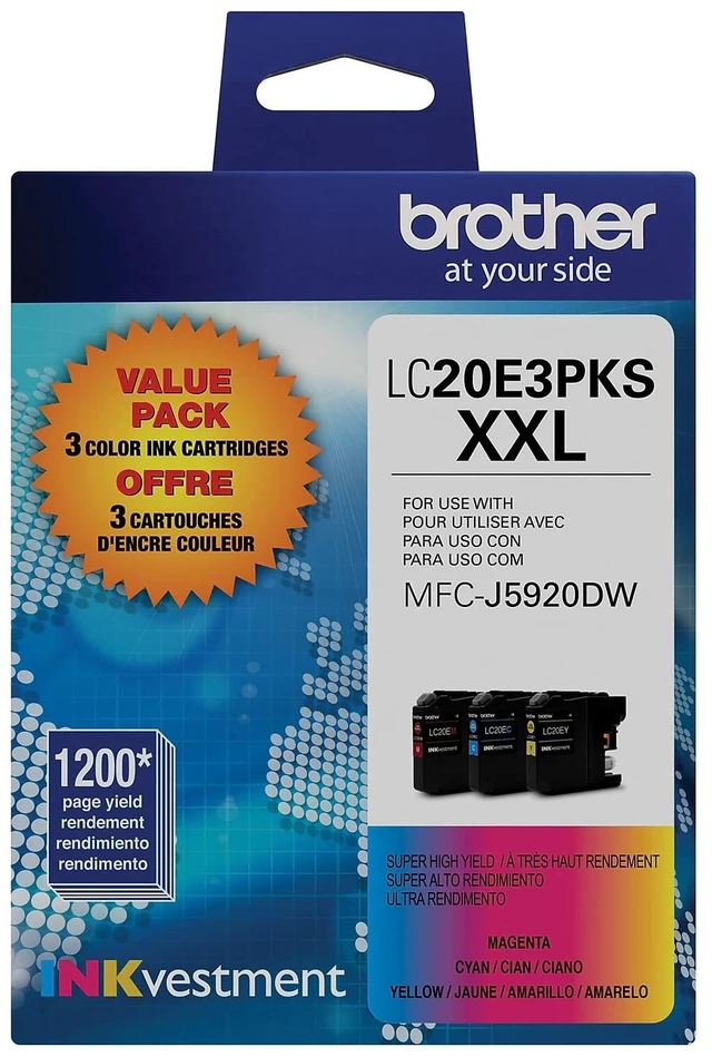 Main image of Brother Genuine High Yield Color Ink Cartridge, 3 Pack of LC20E, Replacement Color Ink Three Pack, Includes 1 Cartridge Each of Cyan, Magenta & Yellow, Page Yield Up to 1200 Pages/Cartridge, LC20E