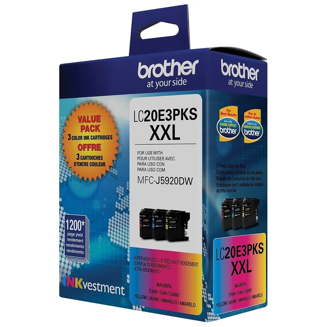 Alt view image 7 of 7 - Brother Genuine High Yield Color Ink Cartridge, 3 Pack of LC20E, Replacement Color Ink Three Pack, Includes 1 Cartridge Each of Cyan, Magenta & Yellow, Page Yield Up to 1200 Pages/Cartridge, LC20E