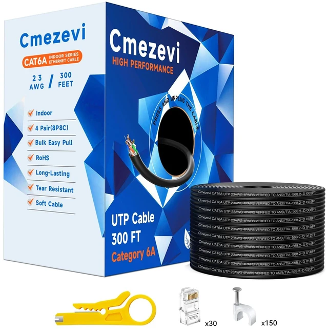 Main image of Cmezevi Bulk CAT 6a Ethernet Cable 300 FT, 10Gbps 23AWG CAT6a Cord, Black | 550MHz UTP, Channel Test Pass, Certified, Easy Pull Box, RJ45 Connectors, Gaming High-Speed Internet Cable Network LAN Wire