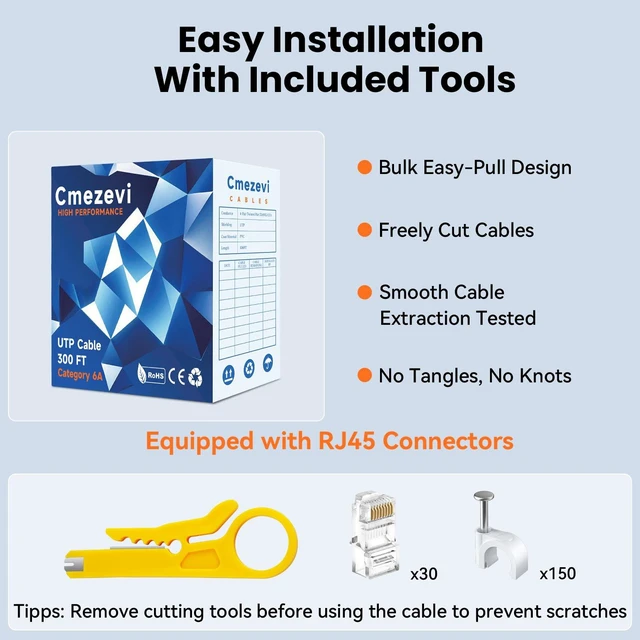 Alt view image 3 of 7 - Cmezevi Bulk CAT 6a Ethernet Cable 300 FT, 10Gbps 23AWG CAT6a Cord, Black | 550MHz UTP, Channel Test Pass, Certified, Easy Pull Box, RJ45 Connectors, Gaming High-Speed Internet Cable Network LAN Wire