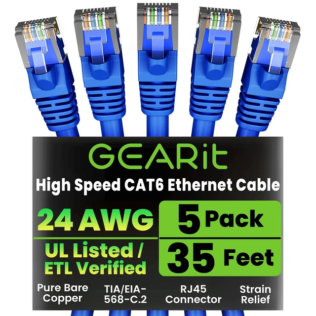 Main image of GEARit Cat6 Patch Cables Cat 6 Ethernet Cable 35 ft 5-Pack Blue | Ethernet Patch Cable, 10Gbps 550MHz 24AWG Pure Copper, Snagless, Gold Plated RJ45 for Router, Server, Router, PC