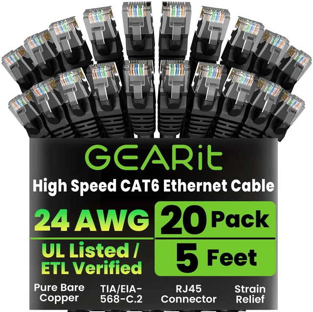 Main image of GEARit Cat6 Patch Cables 5ft Cat 6 Ethernet Cable 20-Pack Black | Ethernet Patch Cable, 10Gbps 550MHz 24AWG Pure Copper, Snagless, Gold Plated RJ45 for Router, Server, Router, PC