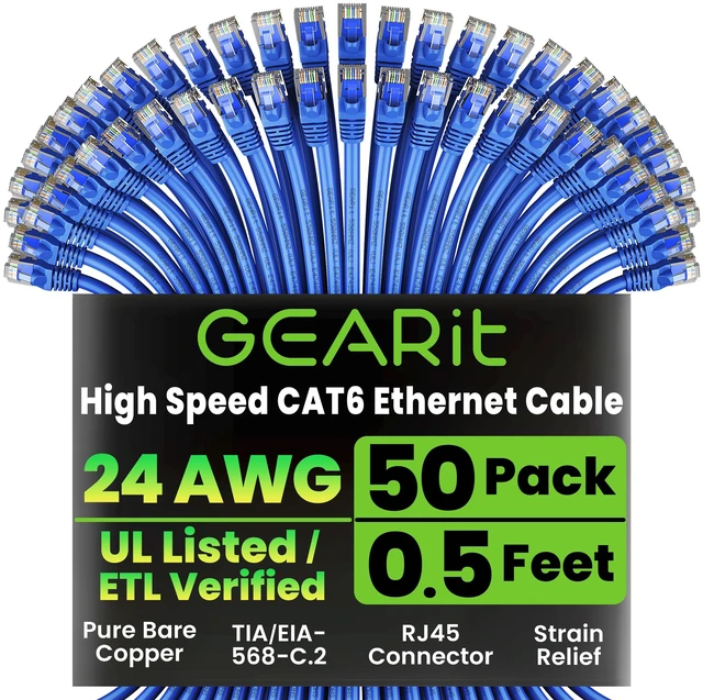 Main image of GEARit Cat6 Patch Cables Cat 6 Ethernet Cable 0.5 ft 50-Pack Blue | Ethernet Patch Cable, 10Gbps 550MHz 24AWG Pure Copper, Snagless, Gold Plated RJ45 for Router, Server, Router, PC