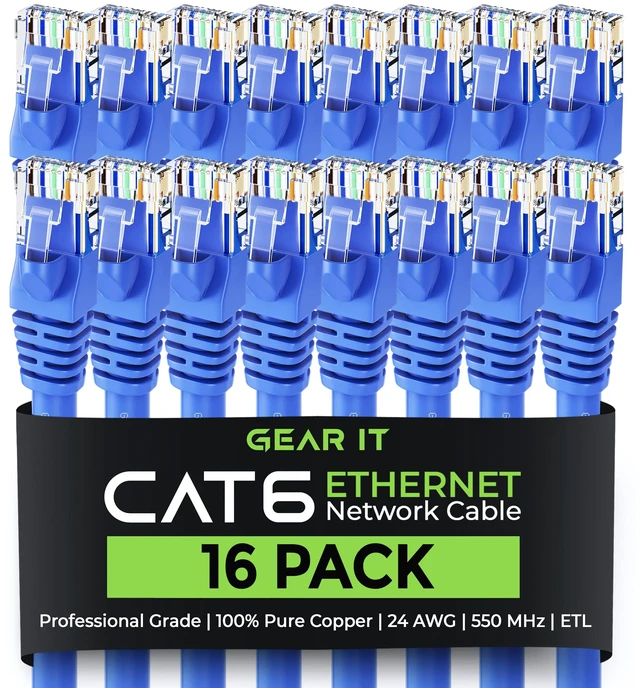 Main image of GEARit Cat6 Patch Cables Cat 6 Ethernet Cable 7 ft 16-Pack Blue | Ethernet Patch Cable, 10Gbps 550MHz 24AWG Pure Copper, Snagless, Gold Plated RJ45 for Router, Server, Router, PC