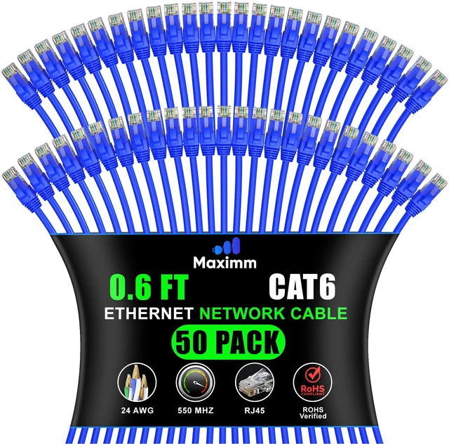 Main image of Maximm Cat6 Ethernet Cable 0.6 Ft, 10 Gbps 550 MHz, Blue, 50 Pack | Copper-Clad Aluminum deliver 10 Gbps up to 550 MHz