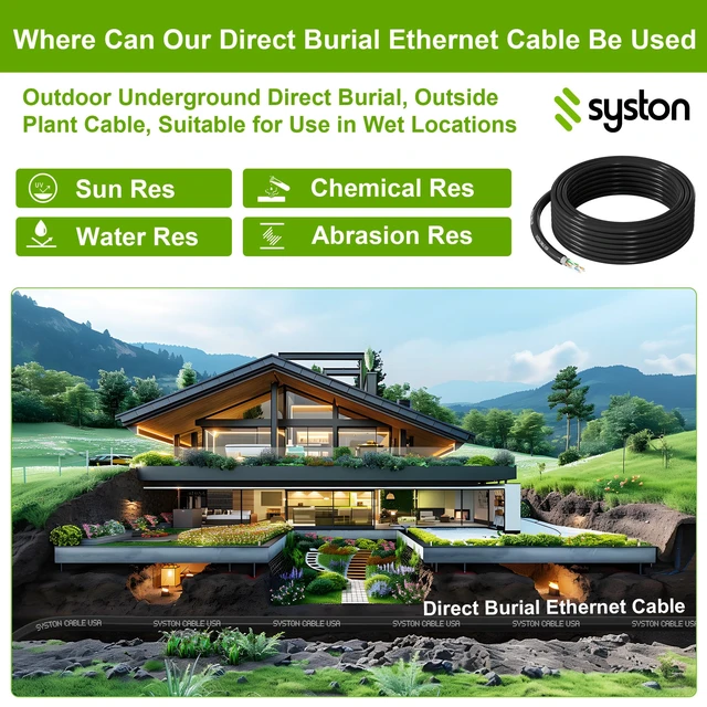 Alt view image 5 of 7 - Syston Direct Burial Cat 6A+ Ethernet Network Cable 700 MHz, Bulk UTP 23 AWG Outside Plant (OSP) - Rated, Pure Bare Copper Wire, Waterproof Dual-Layer Jacket for Outdoor Wet Location Using
