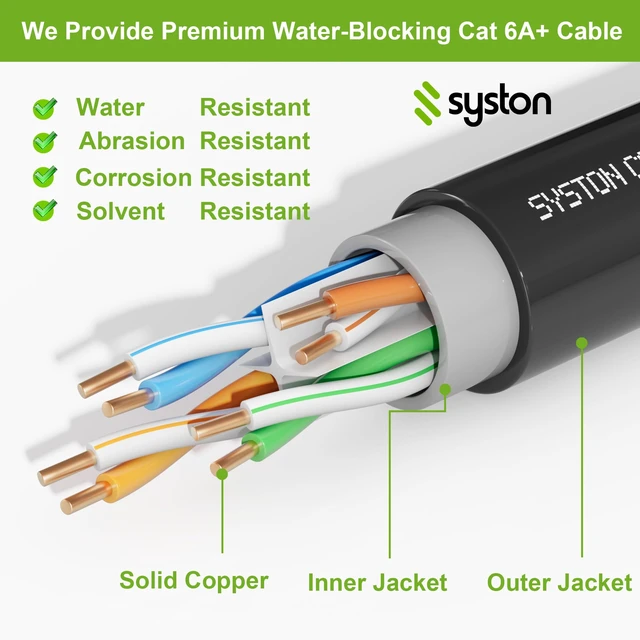 Alt view image 4 of 7 - Syston Direct Burial Cat 6A+ Ethernet Network Cable 700 MHz, Bulk UTP 23 AWG Outside Plant (OSP) - Rated, Pure Bare Copper Wire, Waterproof Dual-Layer Jacket for Outdoor Wet Location Using