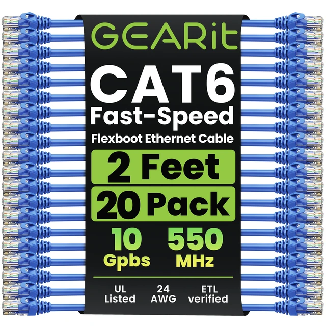 Main image of GEARit Cat6 Ethernet Patch Cable 2ft Blue 20-Pack Cat 6 Patch Cords | 24 AWG Pure Copper, Gold Plated RJ45, Snagless Molded Boot, 10Gbps Gigabit, Rack and Patch Panel Jumpers