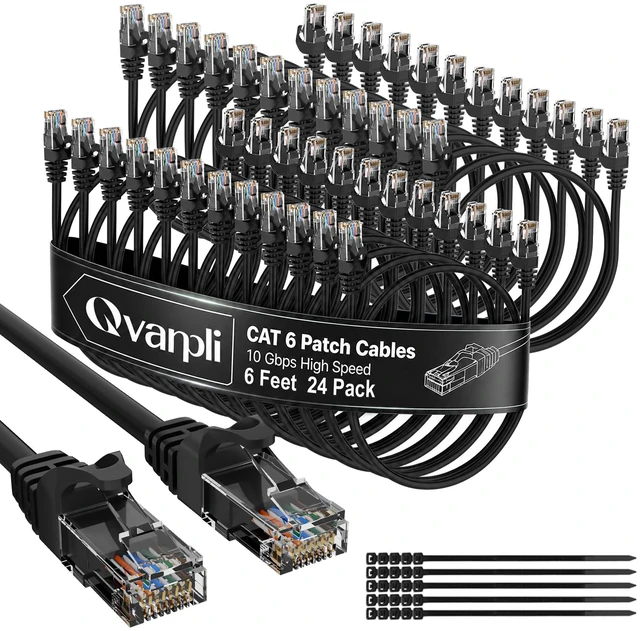 Main image of 10Gbps Cat 6 Ethernet Cable (6 FT, 24 Pack), Pure Copper Cat6 Patch Cables | Cat 6 Data Center Cord, Snagless RJ45 Internet Network Cable, Gaming, Router, Server, Switch, 25 Zip Ties, Black