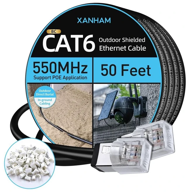 Main image of XANHAM Cat6 Shielded Outdoor Ethernet Cable 50 Feet Waterproof and UV Resistant Direct Burial Jacket 23AWG Solid Copper Cat 6 FTP Network Cable, for POE and Internet Cabling Application