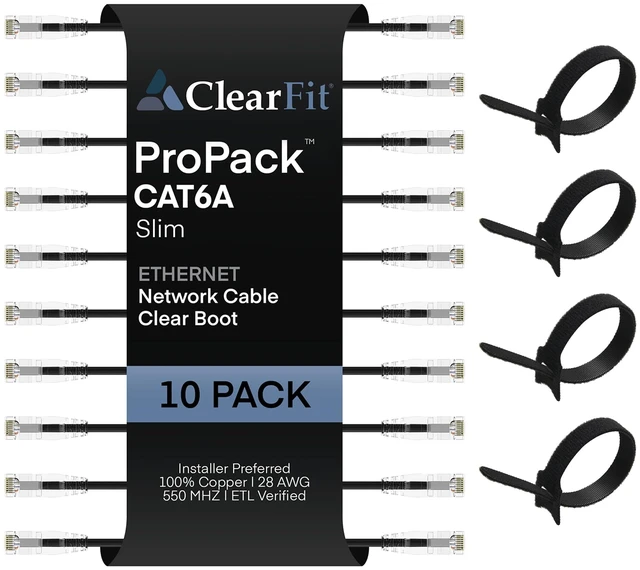 Main image of ClearFit Slim 10 Pack - 3ft Cat6A Cable with 4 8-Inch Hook and Loop Straps, 28AWG Ethernet Patch, Network, Clear Boot, Cat 6A Internet, Black, 3 Foot, by UNC Group