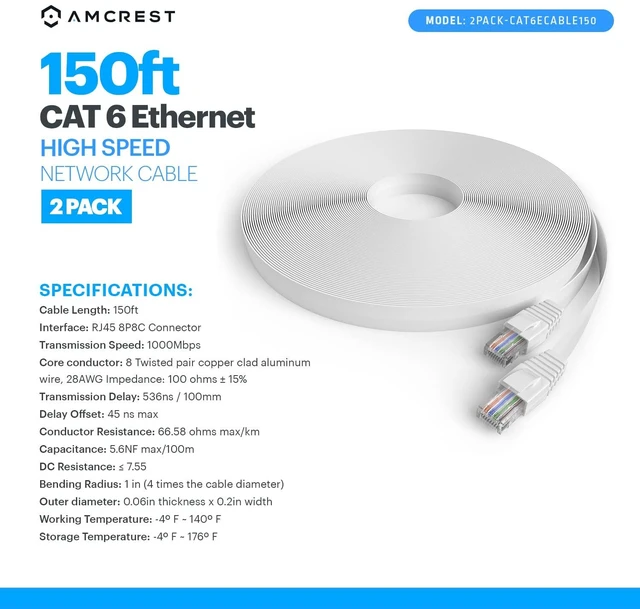 Alt view image 5 of 5 - Amcrest CAT6E 4K-Rated Video POE Ethernet Cable 150ft Internet High Speed Network Cable for PoE Security IP Cameras, Smart TV, PS4, Xbox One, Router, Laptop, Computer, Home (2PACK-CAT6ECABLE150)
