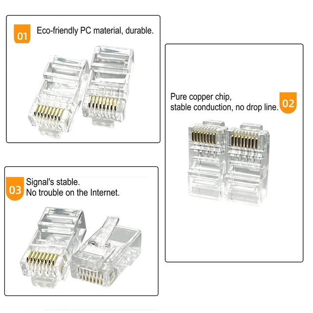 Alt view image 6 of 7 - Fjyikj 1000 Pcs Cat6 RJ-45 Ends, Cat6 Connector, RJ45 Connector, Ethernet Cable Crimp Connectors 8P8C UTP Network Plug for Solid Wire and Standard Cable, Transparent,Bag of 1000