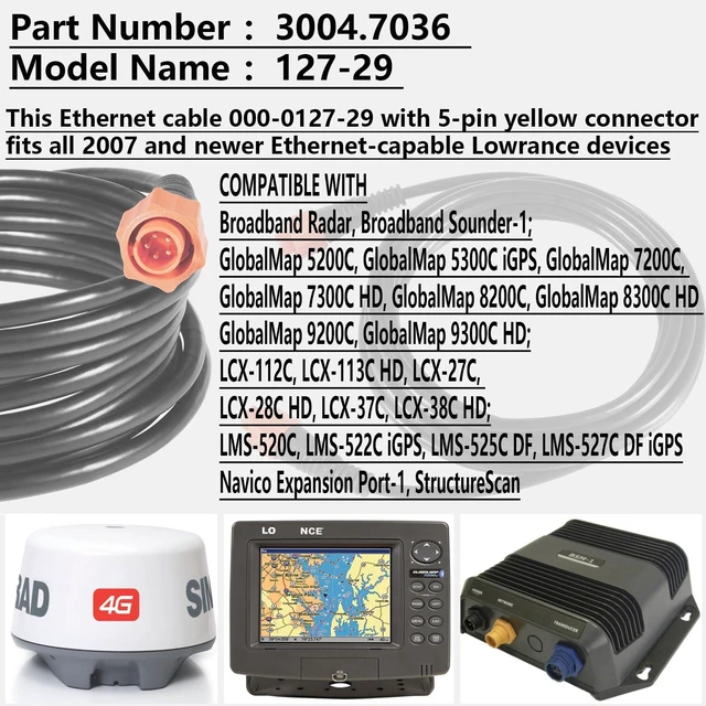 Alt view image 2 of 7 - Bonbo 000-0127-29 15ft Ethernet Cable for Lowrance 5-Pin 3004.7036 | Replaces 3004.7036 & ETHEXT-15YL. Fits 2007+ Lowrance sonar GPS. 15ft marine waterproof 5-pin yellow plug-and-play cable.