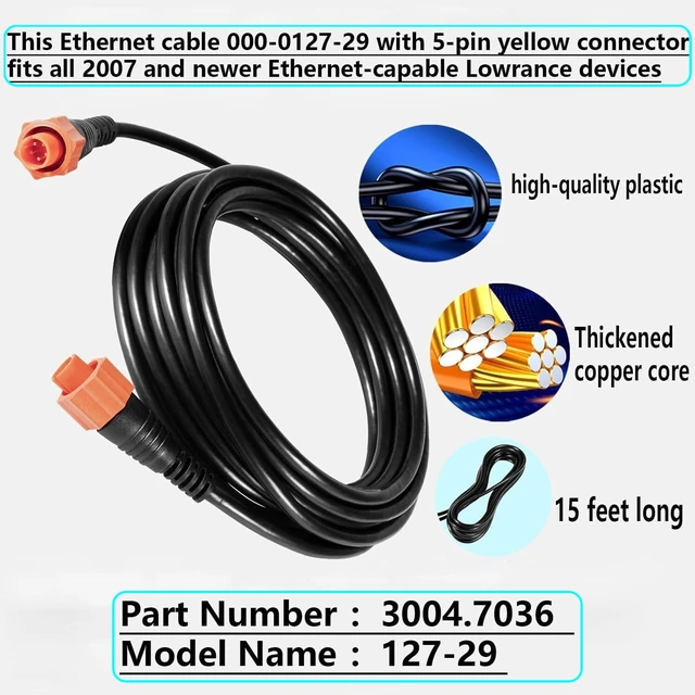 Alt view image 4 of 7 - for Lowrance 5-Pin 3004.7036 000-0127-29 Ethernet Cable ETHEXT-15YL | 15ft Ethernet Cable Replaces 3004.7036 ETHEXT-15YL. fits all 2007 and newer Ethernet-capable Lowrance devices