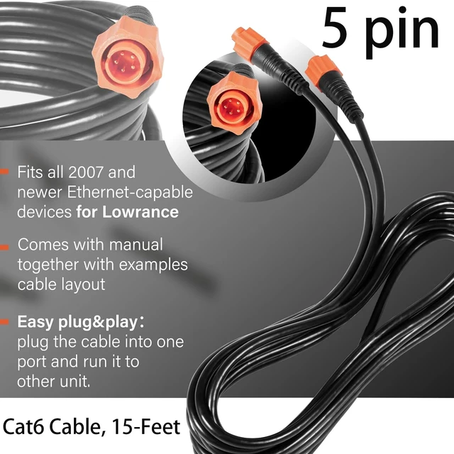 Alt view image 5 of 7 - for Lowrance 5-Pin 3004.7036 000-0127-29 Ethernet Cable ETHEXT-15YL | 15ft Ethernet Cable Replaces 3004.7036 ETHEXT-15YL. fits all 2007 and newer Ethernet-capable Lowrance devices