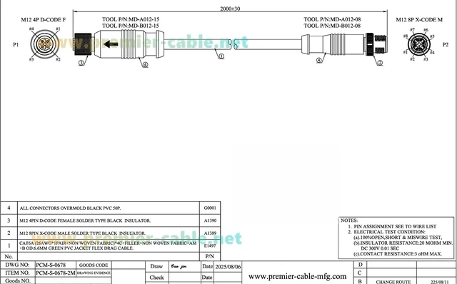 Alt view image 6 of 6 - IP67 M12 X Code Male to D Code Female Ethernet Connection Cable Cat6A High-Flex Drag Chain Shielded Compatible with IFM E80412 for Profinet, EtherNet/IP, Modbus TCP, PLC, Robotics(2M/6.6FT)