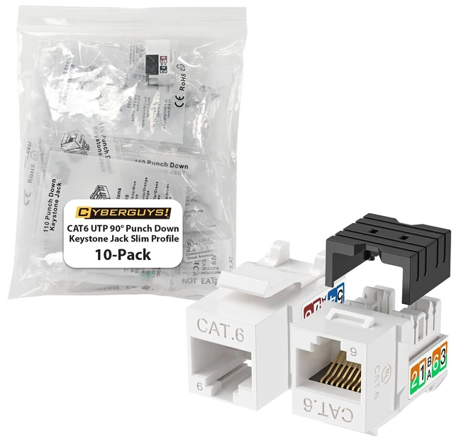 Main image of Cyberguys! 90° Cat6 Keystone Jacks, 10Gbps RJ45 Connectors Cat 6, 10-Pack | Keystone Jack Adapter Slim Profile 90° Angled Speed Termination Tool for Patch Panels & Wall Plates