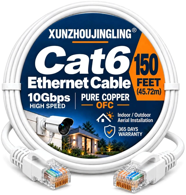 Main image of Ethernet Patch Cable 150ft 24AWG Round 10Gbps 550MHz Poe IP Camera&NVR | Cat6 LAN Ethernet Cable,Stranded Copper Conductors Gold-Plated RJ45 for Outdoor Cameras Remote APs Switches NVRs and Bridges