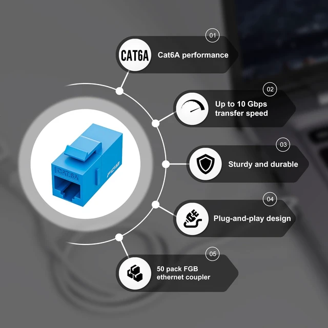 Alt view image 2 of 7 - FGB 50-Pack CAT6A RJ45 Keystone Coupler, Female to Female Coupler, Blue | 10Gbps Ethernet Keystone Jack, Ethernet Coupler Female to Female UTP, Cat6a/Cat6/Cat5e/Cat5