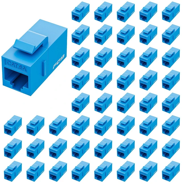 Main image of FGB 50-Pack CAT6A RJ45 Keystone Coupler, Female to Female Coupler, Blue | 10Gbps Ethernet Keystone Jack, Ethernet Coupler Female to Female UTP, Cat6a/Cat6/Cat5e/Cat5