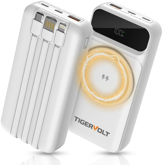 Main image of TigerVolt Magnetic Power Bank 20000mAh, Wireless Portable Powerbank with 3 Built-in Cables, 22.5W Fast Charging, LCD Display, Dual USB-C Ports for iPhone & Android,White