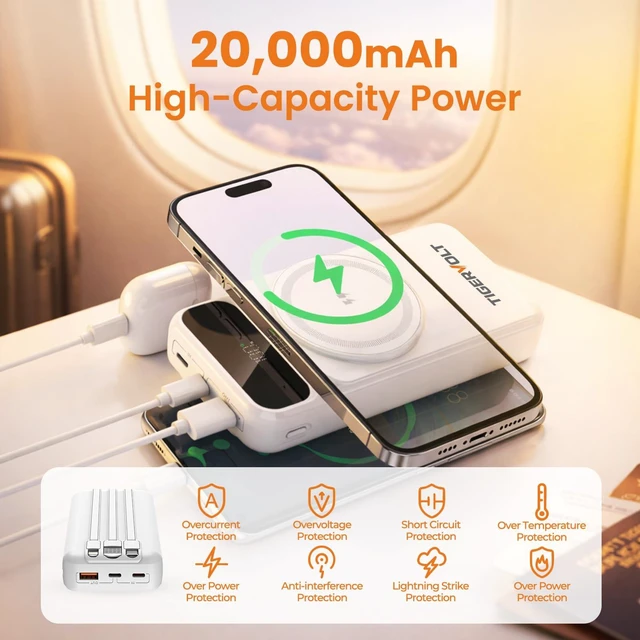 Alt view image 2 of 7 - TigerVolt Magnetic Power Bank 20000mAh, Wireless Portable Powerbank with 3 Built-in Cables, 22.5W Fast Charging, LCD Display, Dual USB-C Ports for iPhone & Android,White