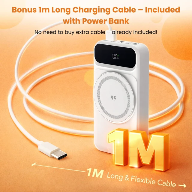 Alt view image 5 of 7 - TigerVolt Magnetic Power Bank 20000mAh, Wireless Portable Powerbank with 3 Built-in Cables, 22.5W Fast Charging, LCD Display, Dual USB-C Ports for iPhone & Android,White