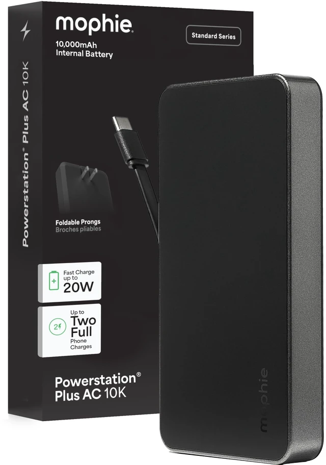 Main image of Mophie Powerstation Plus AC 10K Portable Charger, Standard Series | 10,000mAh Power Bank for iPhone 17 / 16, Integrated USB-C Cable, Folding Wall Prongs, 20W Fast Charging, Airline Friendly