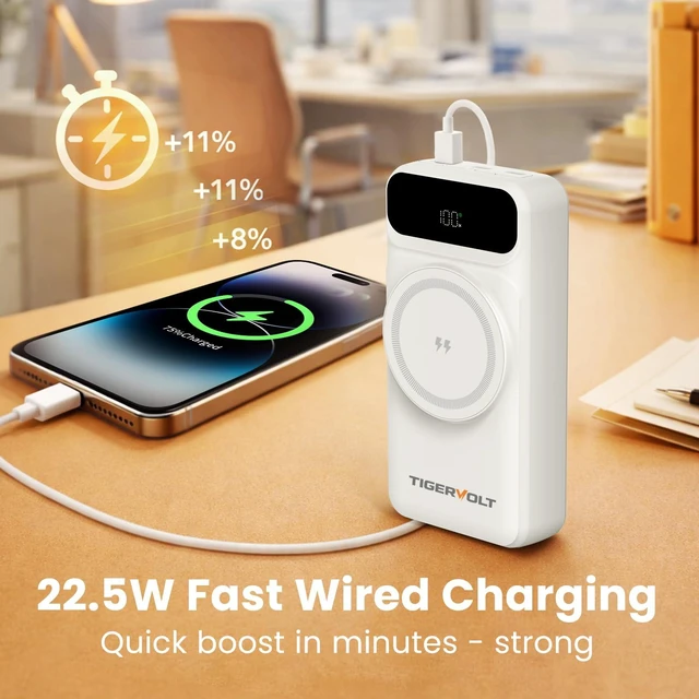 Alt view image 7 of 7 - TigerVolt Magnetic Power Bank 20000mAh, Wireless Portable Powerbank with 3 Built-in Cables, 22.5W Fast Charging, LCD Display, Dual USB-C Ports for iPhone & Android,White