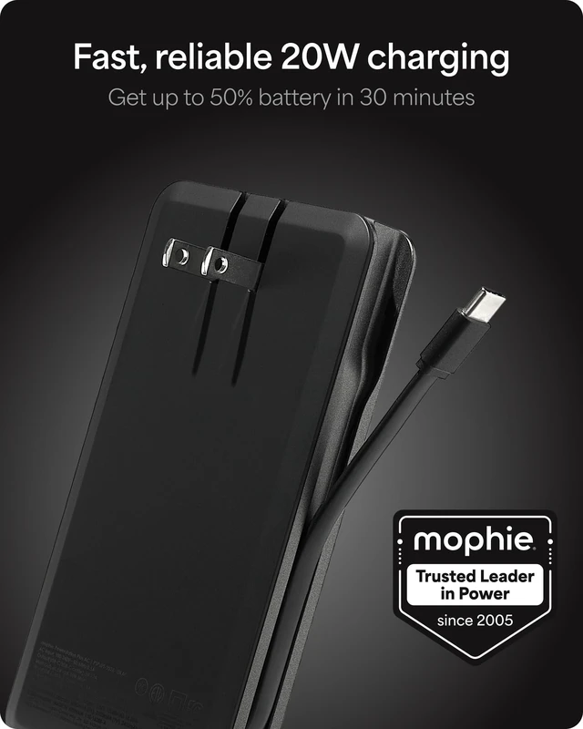 Alt view image 2 of 7 - Mophie Powerstation Plus AC 10K Portable Charger, Standard Series | 10,000mAh Power Bank for iPhone 17 / 16, Integrated USB-C Cable, Folding Wall Prongs, 20W Fast Charging, Airline Friendly