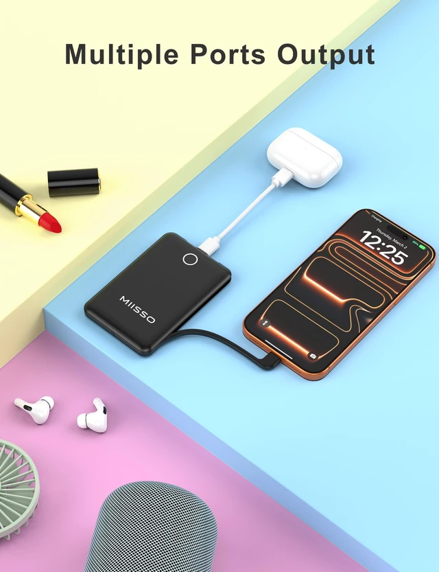 Alt view image 2 of 7 - miisso 10000mAh Portable Charger, 2 Pack Black & White | Compatible with iPhone 15/16/17 and Android, Slim, Built in Cable, 3 Output USB Type C