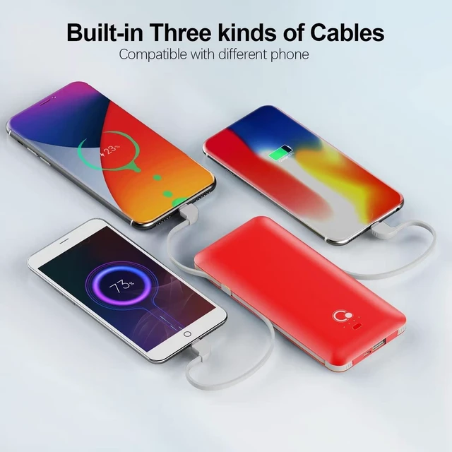 Alt view image 2 of 6 - 10000mAh Portable Charger, Slim USB B C Power Bank,4 Output External Battery Pack with Built-in AC Wall Plug Micro and USB C Three Cables Compatible with All mobilephone