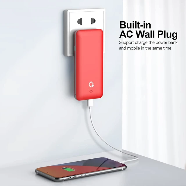 Alt view image 3 of 6 - 10000mAh Portable Charger, Slim USB B C Power Bank,4 Output External Battery Pack with Built-in AC Wall Plug Micro and USB C Three Cables Compatible with All mobilephone