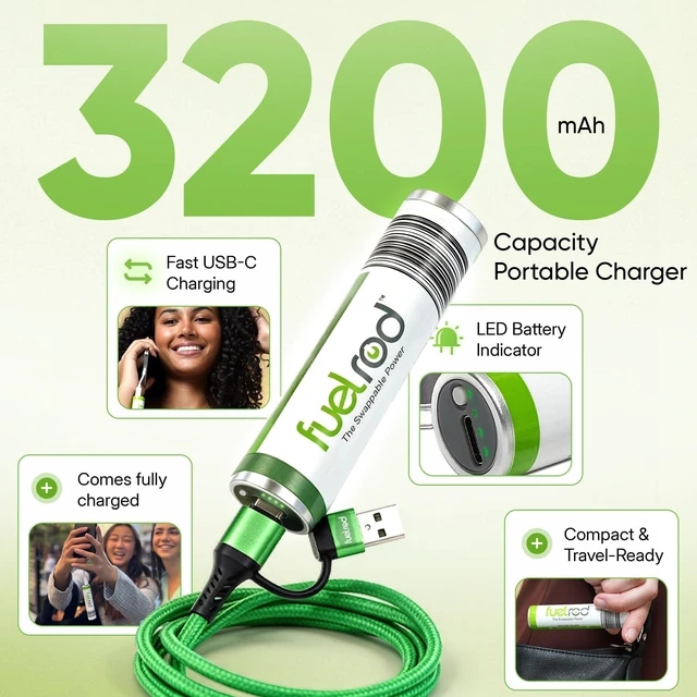 Alt view image 3 of 5 - FuelRod Swappable Power Portable Charger Kit with USB-C Cable & Adapters | Travel-ready fast portable power bank, 4-in-1 cable, adapters, and access to the FuelRod Swappable Power Network