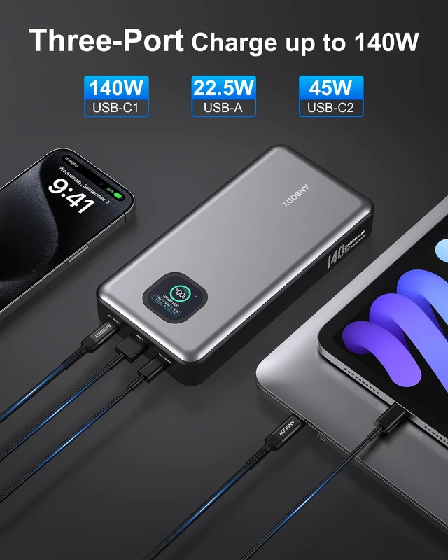 Alt view image 3 of 7 - Ansody 140W Laptop Power Bank, 25000mAh with TFT Smart Digital Display | PD3.1 Fast Charging Portable Charger, Travel Essential Battery Pack for MacBook iPad Tablet Steam Deck iPhone 18-12 Series