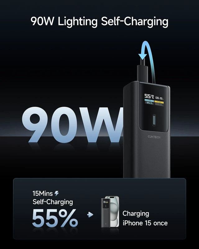Alt view image 3 of 7 - CUKTECH 100W Power Bank, 10000mAh Portable USB C Charger with Smart TFT Display, PD3.0 Fast Charging Compatible iPhone 16/15 Series, Samsung Galaxy S24/S23, iPad Air/Pro, MacBook, Dell etc.